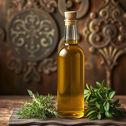 Bottle of Tuscan olive oil with herbs